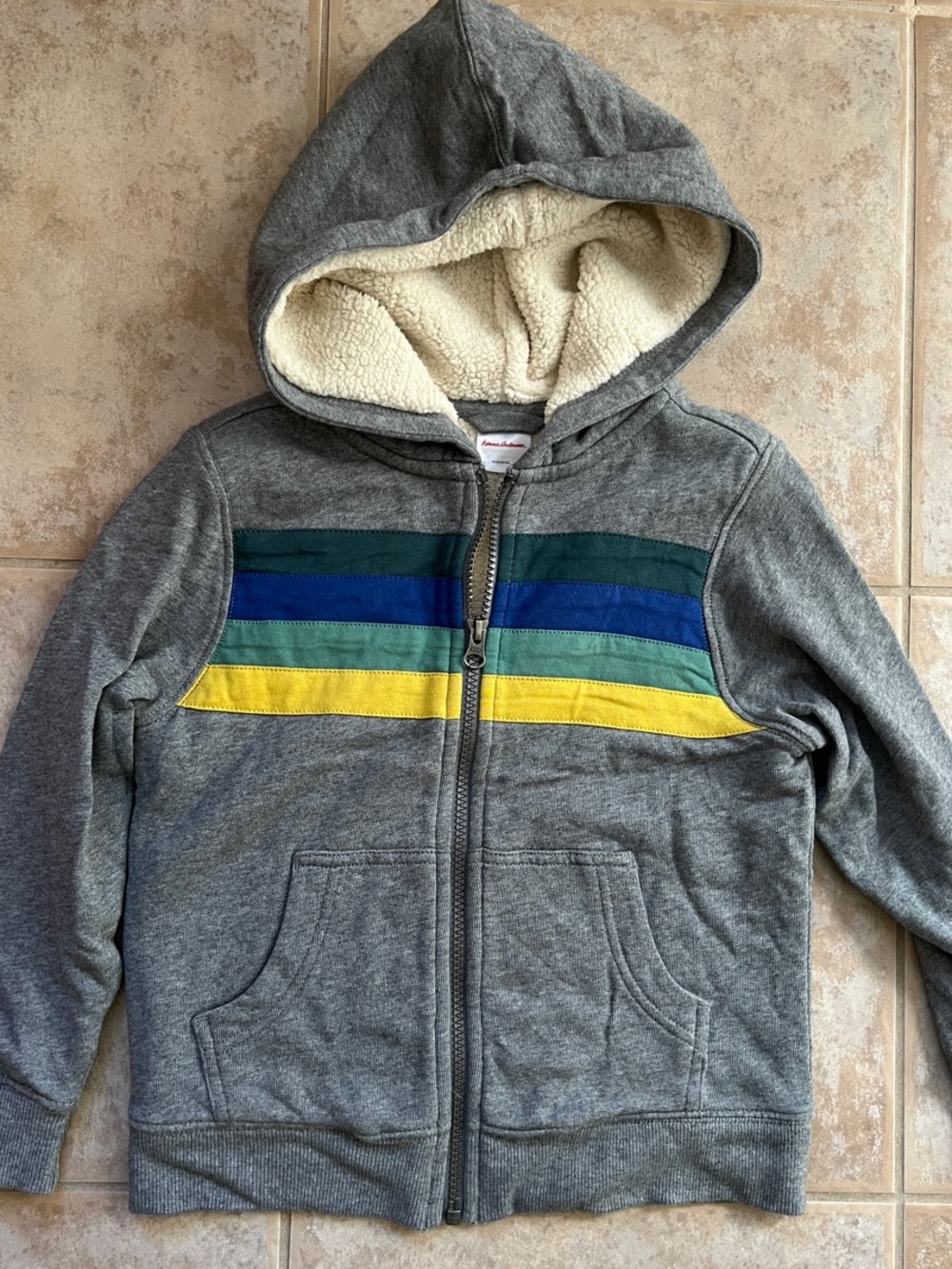 Hanna Andersson Gray Zip Hoodie with Blue, Teal, Green & Yellow Stripes
